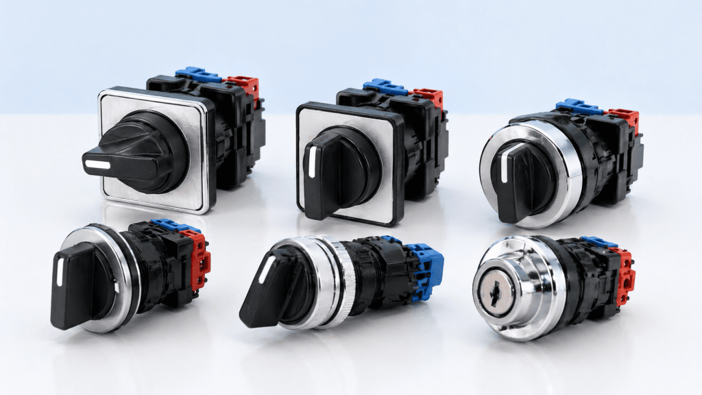 Different selector switch options for industrial control panels including 2 position 3 position and 22mm models