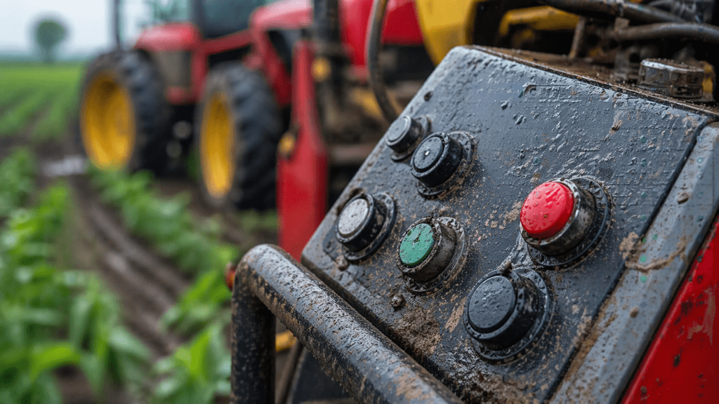 Waterproof push button switch on agricultural equipment control panel